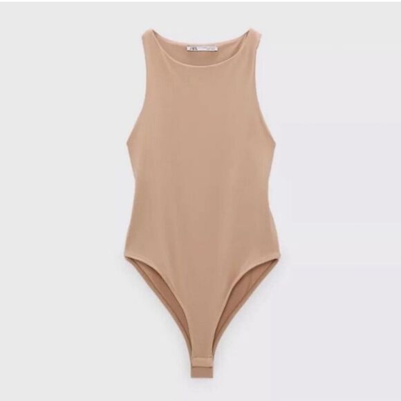 NWT Zara Tan Halterneck Bodysuit Size Small - Picture 1 of 10